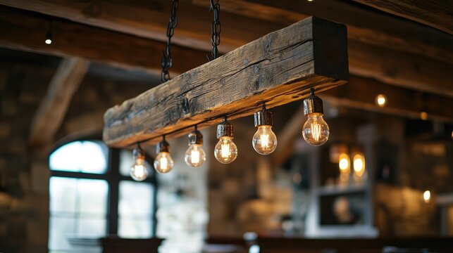 Rustic wooden beam chandelier with Edison bulbs, creating a warm and cozy farmhouse ambiance.