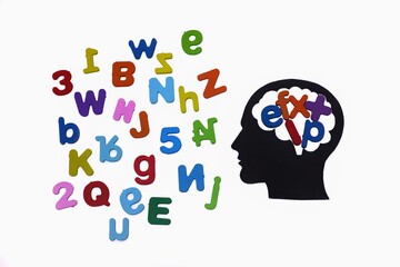 Silhouettes of heads and letters, which are colorful, isolated on a white background. thinking concept. top view