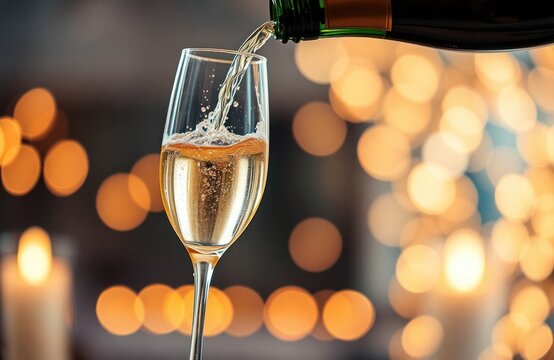 Champagne poured into glass. Celebration atmosphere. Luxury drink. Festive occasion. Special moment. Golden bubbles sparkle. Beautiful lighting. Warm atmosphere. Festive event. Cheers to happy