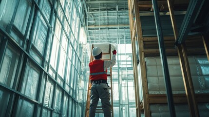Worker on ladder inspecting high warehouse shelving.
