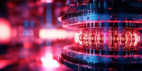Futuristic technology equipment shines with vibrant red lights, showcasing intricate components in a sophisticated environment that suggests advancement and innovation. Generative AI
