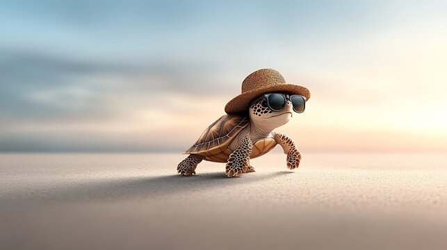 A 2D cartoon turtle walking on the beach with a straw hat and sunglasses, white background. Ultra-Realistic, Photo Realistic, highly detailed 