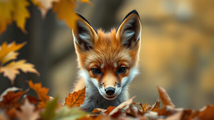 a hyper-realistic detailed image of a young fox peeking through autumn leaves with a blurred forest background