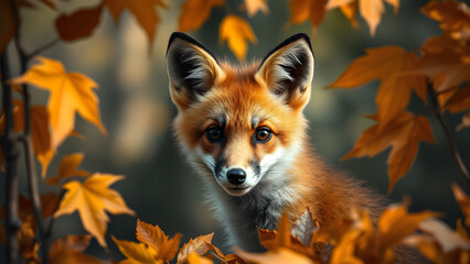 Fototapeta premium a hyper-realistic detailed image of a young fox peeking through autumn leaves with a blurred forest background