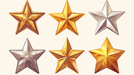 Realistic Golden Metal Stars Isolated on White Background