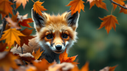 Obraz premium a hyper-realistic detailed image of a young fox peeking through autumn leaves with a blurred forest background