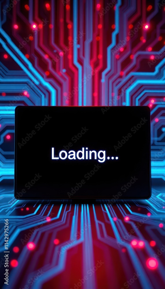 Poster abstract tech illustration shows loading screen. blue lines on dark monitor display word loading. fu