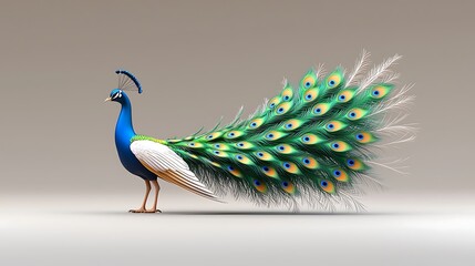 Fototapeta premium A 3D peacock spreading its colorful feathers in a realistic and glossy style. Ultra-Realistic, Photo Realistic, highly detailed 