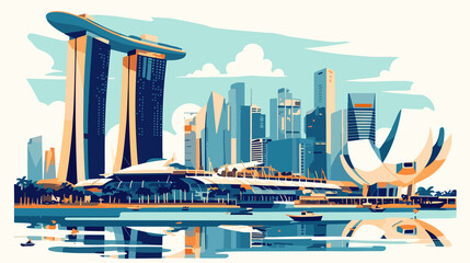 Singapore Cityscape Skyline in Flat Vector Style Isolated on White Background