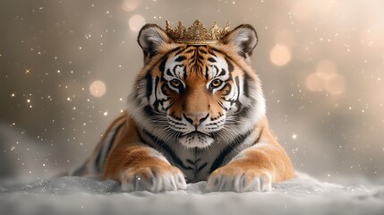 A 3D tiger wearing a royal crown and sitting on a throne, detailed fur and props. Ultra-Realistic, Photo Realistic, highly detailed 