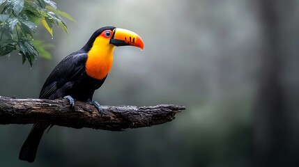 Obraz premium A 3D toucan sitting on a tree branch with colorful feathers and realistic details. Ultra-Realistic, Photo Realistic, highly detailed 