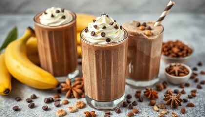 Delicious chocolate banana smoothies topped with whipped cream, nuts. Refreshing cold beverage in glasses with straws. Healthy dessert, treat. Perfect summer snack breakfast indulgence. Top view of