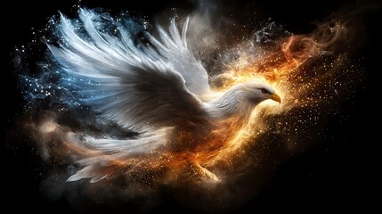 A 4D animated phoenix rising from the ashes with radiant flames and glowing embers. Ultra-Realistic, Photo Realistic, highly detailed 