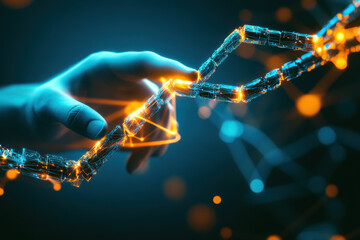 Hand reaching for glowing digital chain links in a futuristic setting representing technology and connection