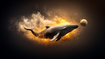 Fototapeta premium A 4D cosmic whale swimming through a galaxy, surrounded by glowing stars and planets. Ultra-Realistic, Photo Realistic, highly detailed 