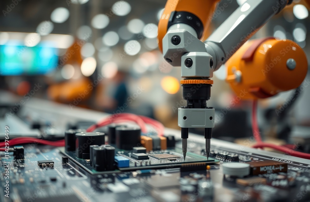Poster automated industrial robot arm precisely places components on circuit board. modern manufacturing pr