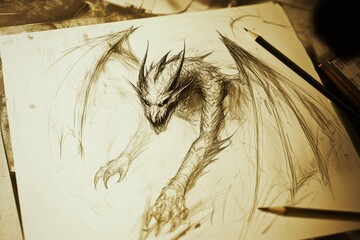 A fierce dragon sketch, meticulously crafted in pencil, showcases intricate details and dynamic movement.