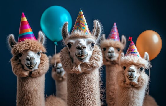 Group of llamas celebrating a birthday with party hats and colorful balloons