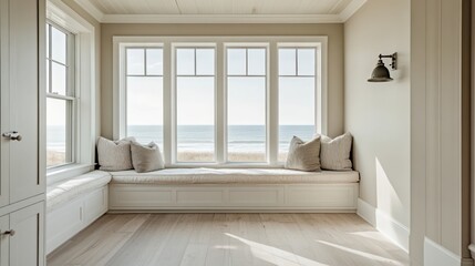 Fototapeta premium Coastal window seat with ocean view.