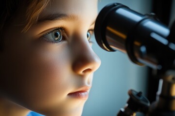 Curious Child Observing Through Telescope Indoors: Exploration and Wonder