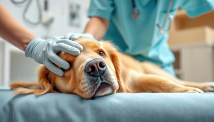 Veterinarian gently examines golden retriever dog in clinic. Professional vet cares for pet with attentive touch. Dog calm during procedure. Healthy animal care in modern clinic setting.