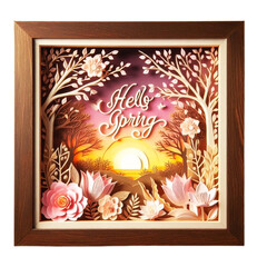Paper cut art, layered shadow box Hello Spring text sunset scene