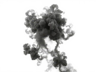 A billowing cloud of dark, black smoke against a pure white background, black, isolated smoke, air pollution