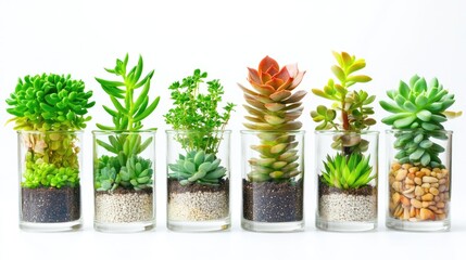Succulents arranged in glass containers with layered soil and pebbles, showcased against a clean white background, ideal for minimalist decor ideas.