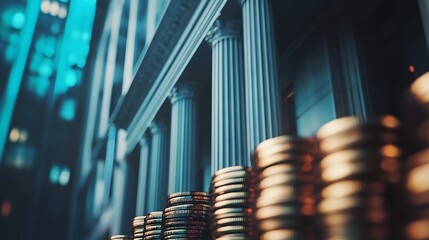 Financial District Metropolis: Stacks of Coins Before a Classic Building