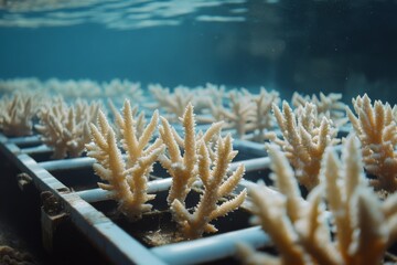 Coral colonies grow in an underwater nursery, capturing the delicate beauty and conservation efforts of the marine world.