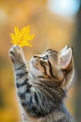 Adorable Kitten Reaching for Autumn Leaf in a Golden Fall Setting