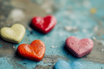 Obraz premium Pastel heart-shaped candies scatter artfully on a textured, blue-green surface.