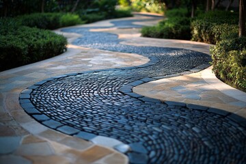 A beautifully curved cobblestone pathway winds through lush greenery, inviting a serene stroll through the tranquil garden landscape.