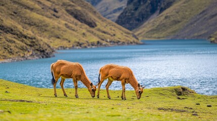 Grazing Animals by Scenic Riverbank Mountain View