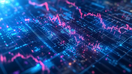 Abstract Digital Stock Market Data Visualization: Neon Pink and Blue Stock Charts on Circuit Board Background