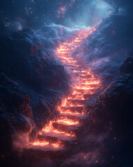 surreal stairway to the heavens, glowing with molten light, nestled between dark rocky cliffs under starry skies
