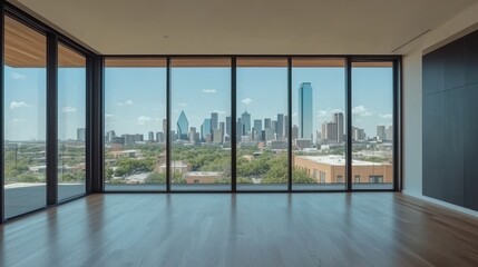 Modern apartment with panoramic city skyline view.
