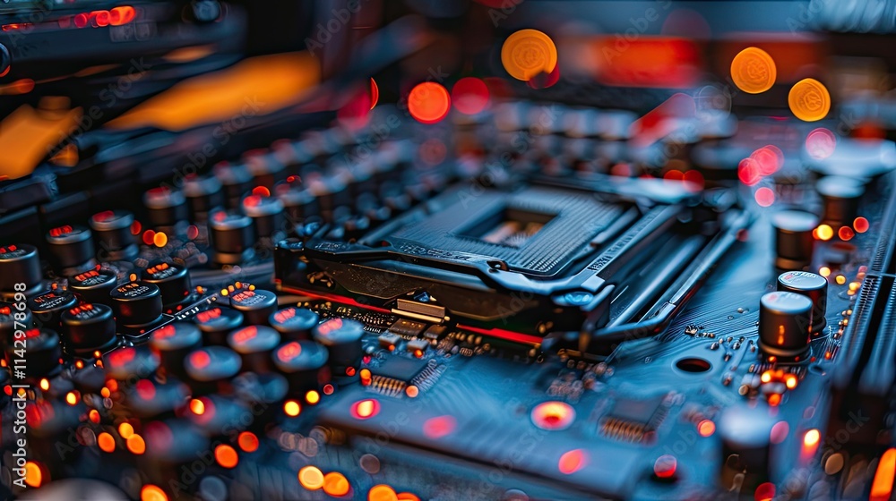 Poster a close-up of a computer motherboard with illuminated components for technology applications.