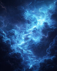 Obraz premium otherworldly blue staircase of clouds rising into a starlit sky, hinting at celestial secrets