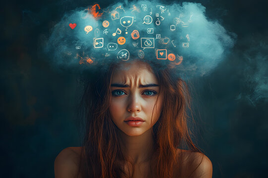 Sad woman with social media icons cloud and emotional turmoil. Generative AI.
