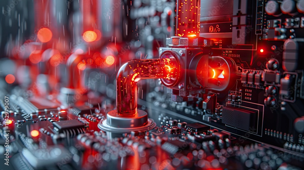 Poster a close-up of a futuristic circuit board with glowing components and liquid flow.