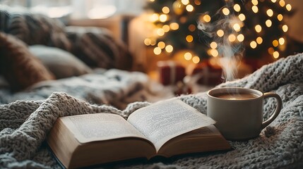 Enjoying a cozy reading moment with tea during winter by the holiday tree. Generative AI.