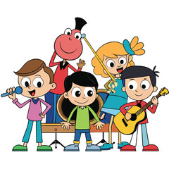 Animated Kids Music Band with Musical Instruments - Fun Cartoon Illustration for Children