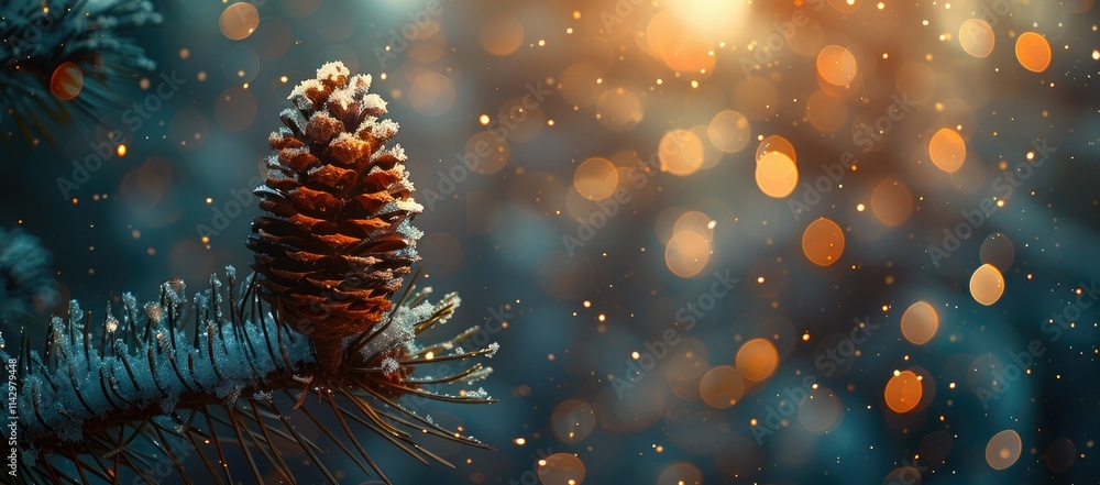 Poster a close-up of a pine cone surrounded by soft bokeh lights and falling snowflakes.