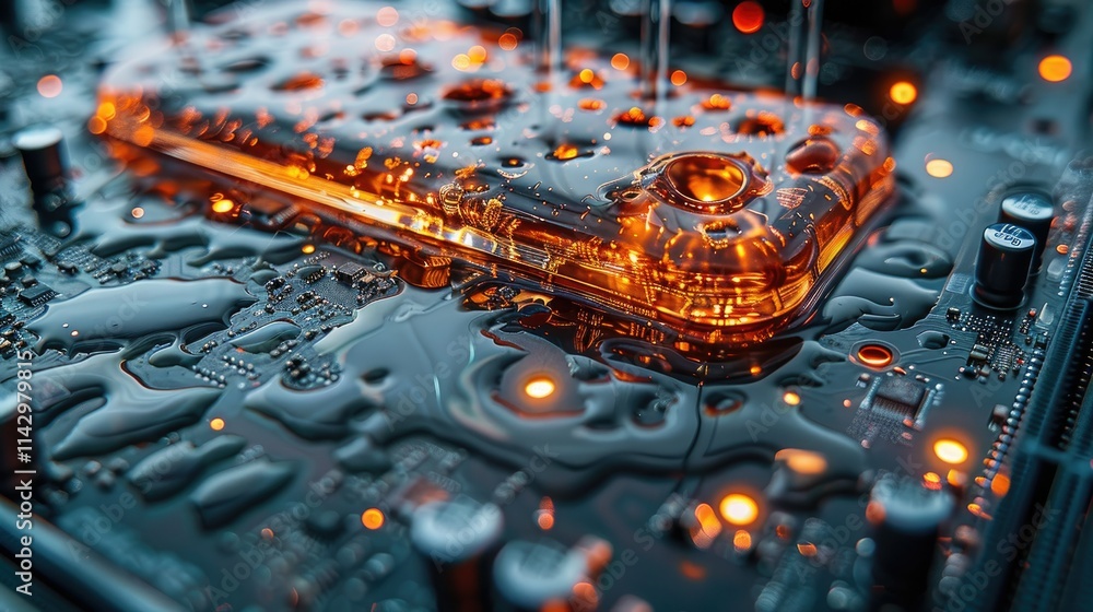 Poster a close-up of a smartphone submerged in liquid on a circuit board, showcasing technology and design.