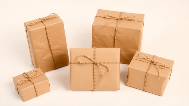 Five brown parcels wrapped in kraft paper and tied with twine on white background