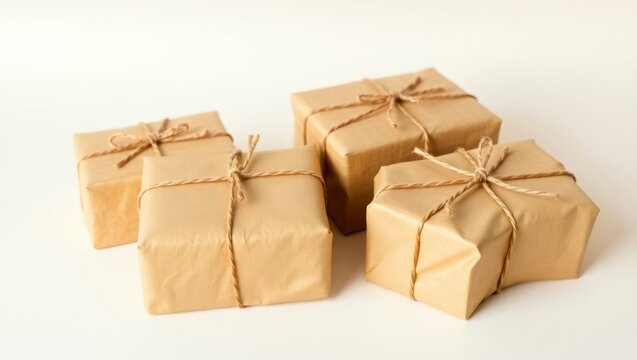 Four parcels wrapped in brown paper and tied with twine are ready for shipping