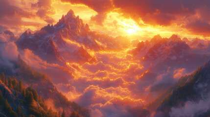 Fototapeta premium golden sunlight bathes towering peaks amidst rolling clouds in a breathtaking mountainous dawn