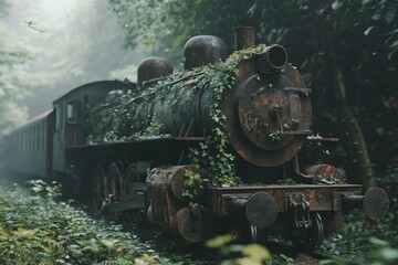 Obraz premium An old steam locomotive covered in ivy rests on a forgotten track in a lush forest, evoking a sense of mystery and nature reclaiming history.