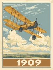 A classic biplane flies high above lush green fields and fluffy clouds, showcasing early aviation in a nostalgic 1909 design with a bright yellow color scheme.